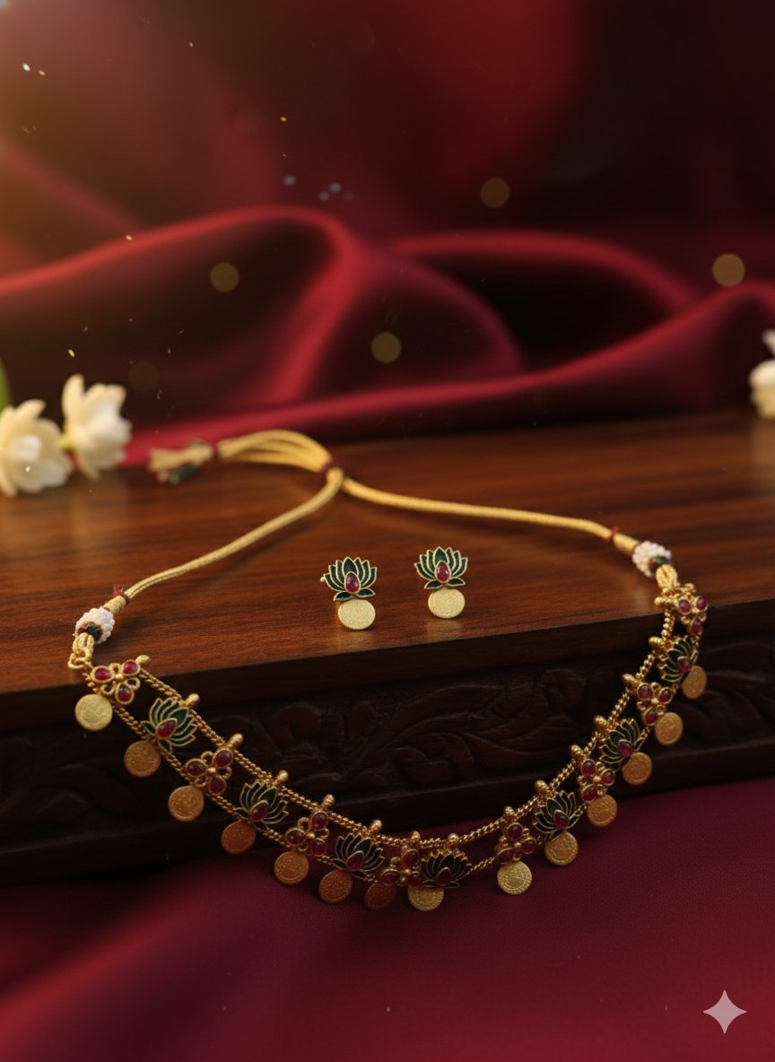 Vanika Lotus Coin Matt Finish Necklace Set