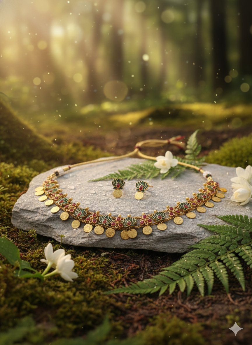 Vanika Lotus Coin Matt Finish Necklace Set - Image 2