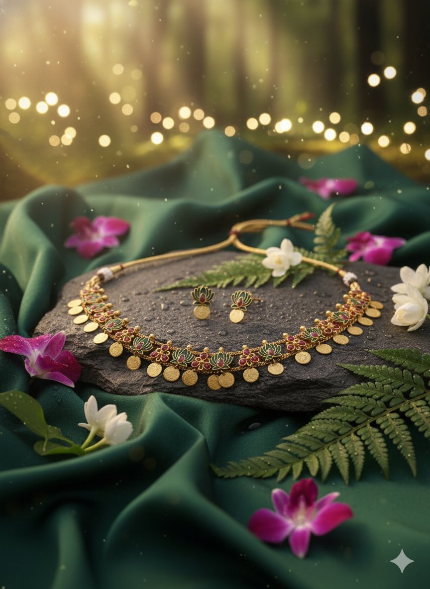 Vanika Lotus Coin Matt Finish Necklace Set - Image 3