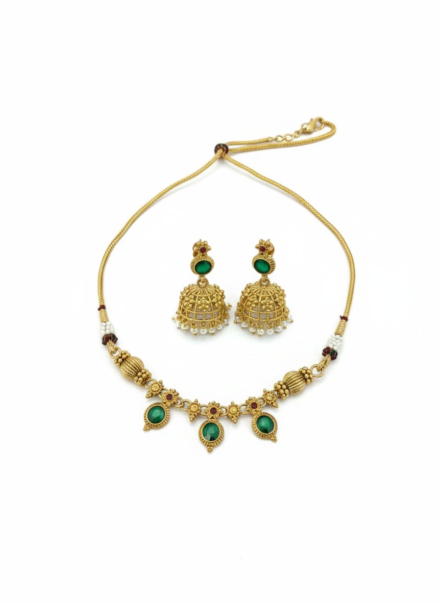 Aarohi Green Stone Matt Finish Necklace Set - Image 4