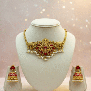 Shri Ganesh Red Stone Temple Matt Finish Necklace Set