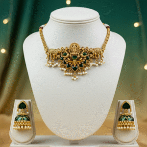 Shri Ganesh Green Stone Temple Matt Finish Necklace Set