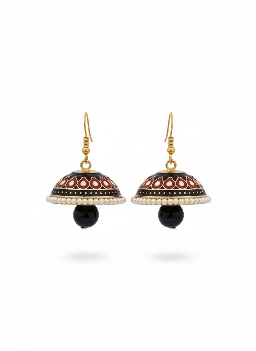 Red & Black Brass Meenakari Jhumka Earrings - Image 2