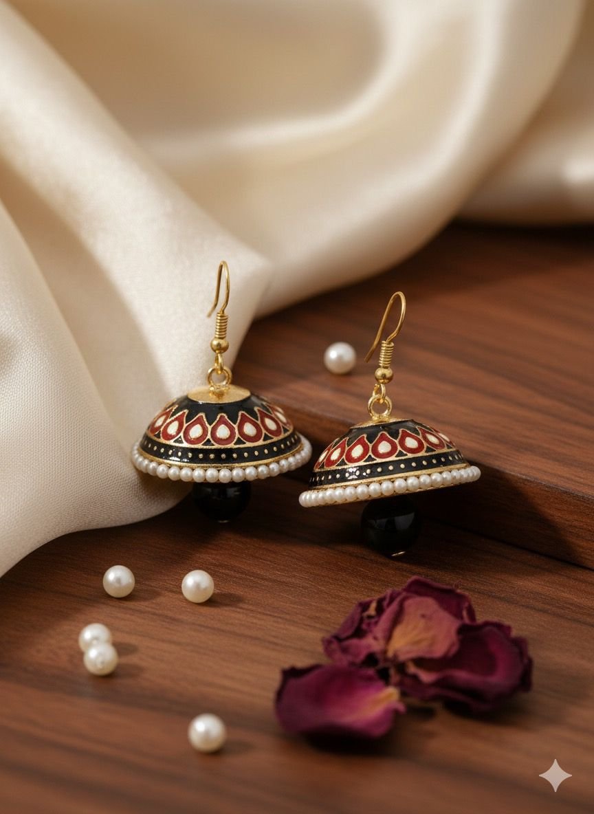 Red & Black Brass Meenakari Jhumka Earrings