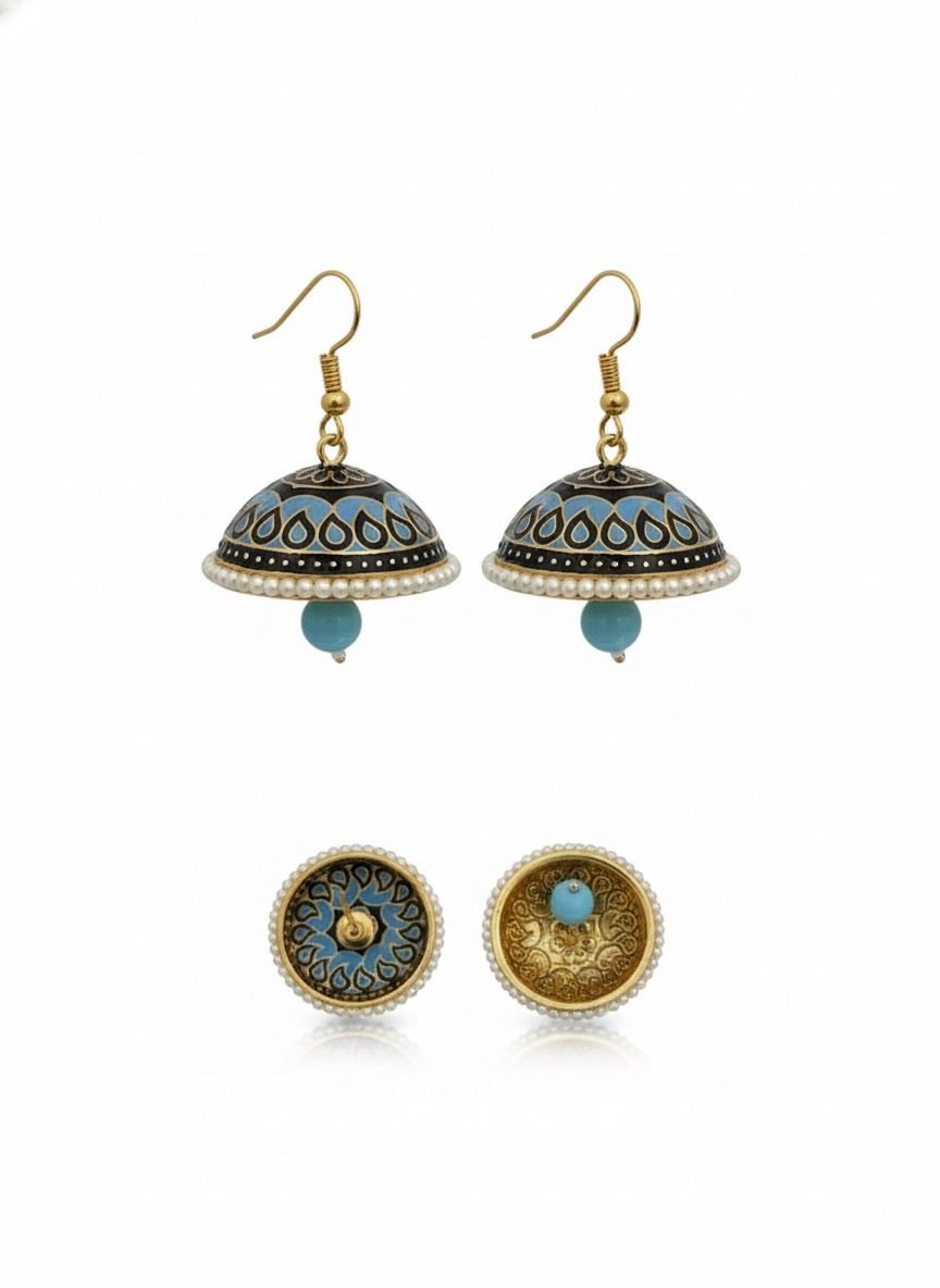 Blue & Black Brass Meenakari Jhumka Earrings - Image 3