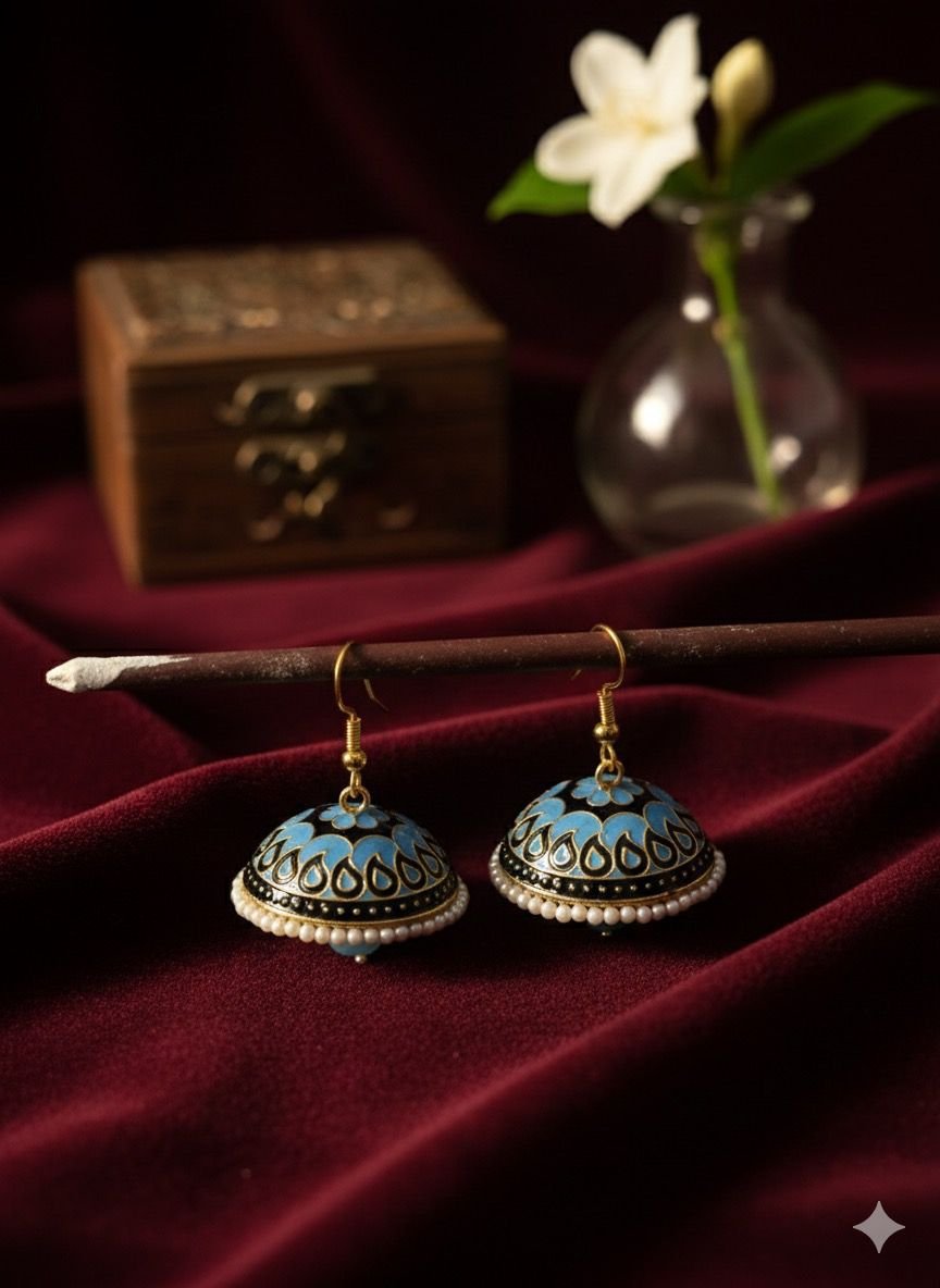 Blue & Black Brass Meenakari Jhumka Earrings - Image 2