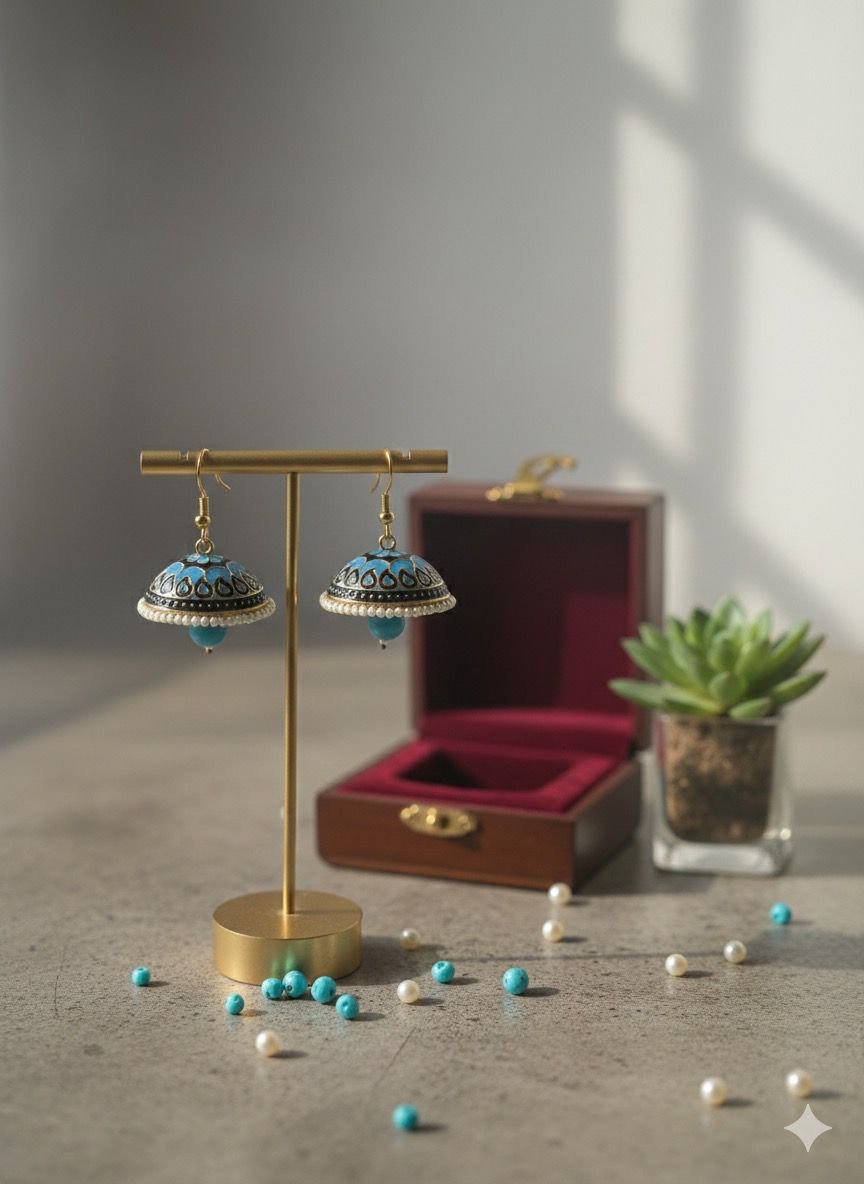 Blue & Black Brass Meenakari Jhumka Earrings