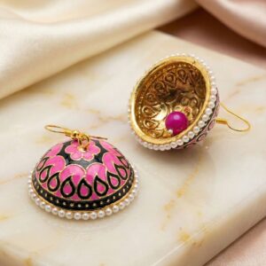 Pink Meenakari Brass Pearl Jhumka Earrings