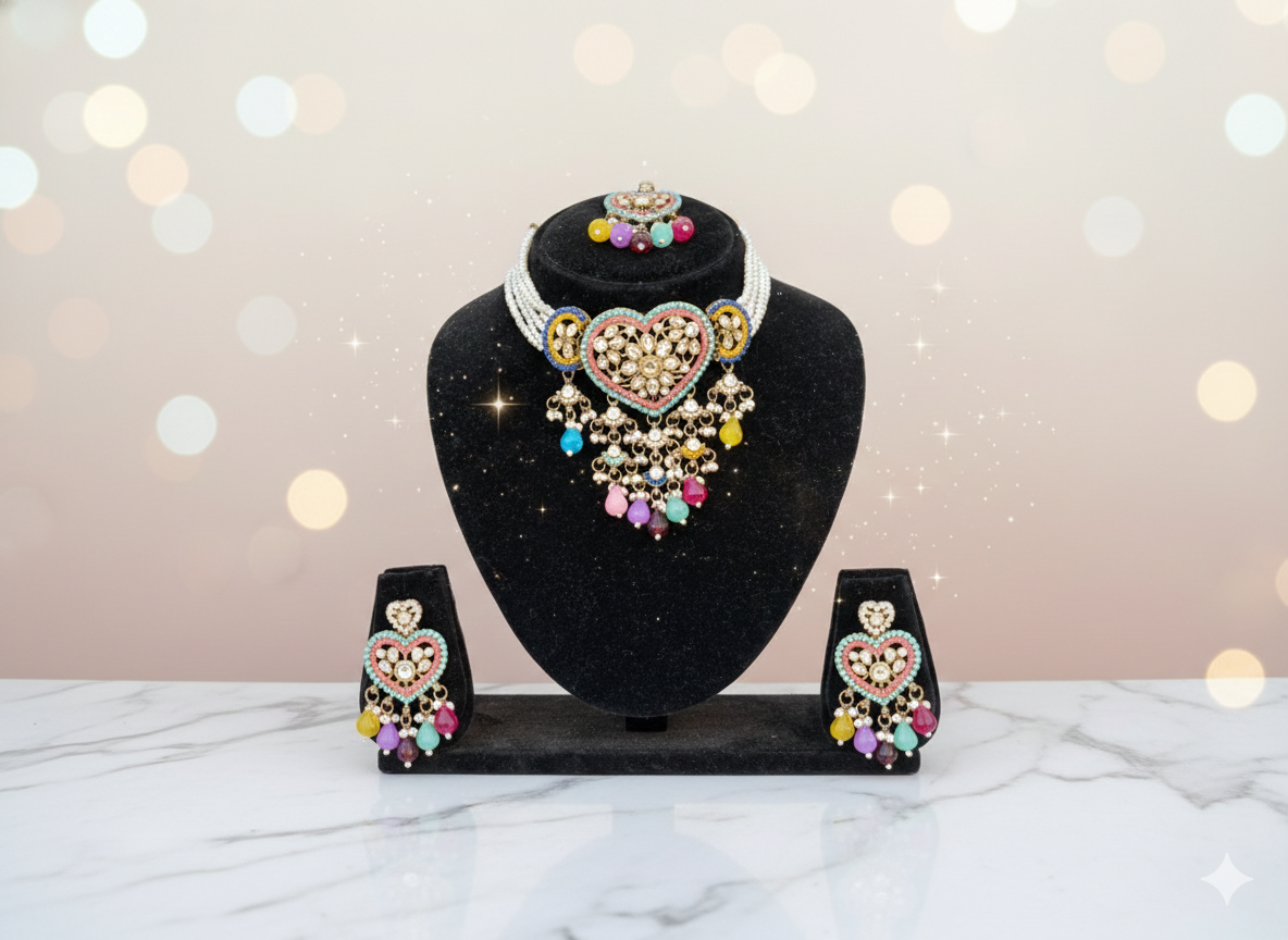 Multicolor Heart Pearl Choker Necklace Set - Image 4