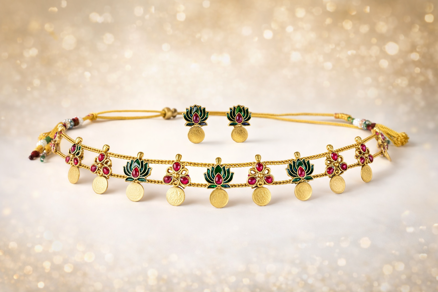 Vanika Lotus Coin Matt Finish Necklace Set - Image 11