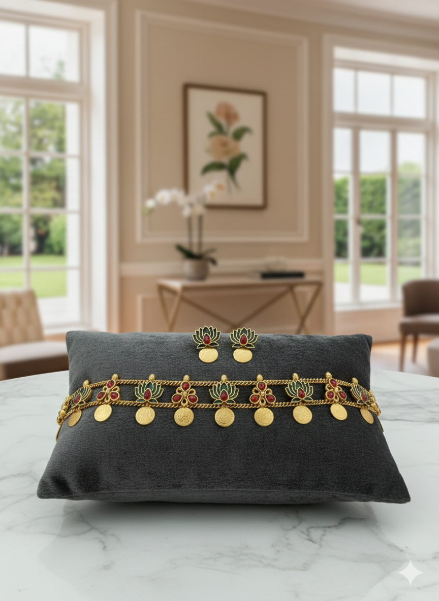 Vanika Lotus Coin Matt Finish Necklace Set - Image 5