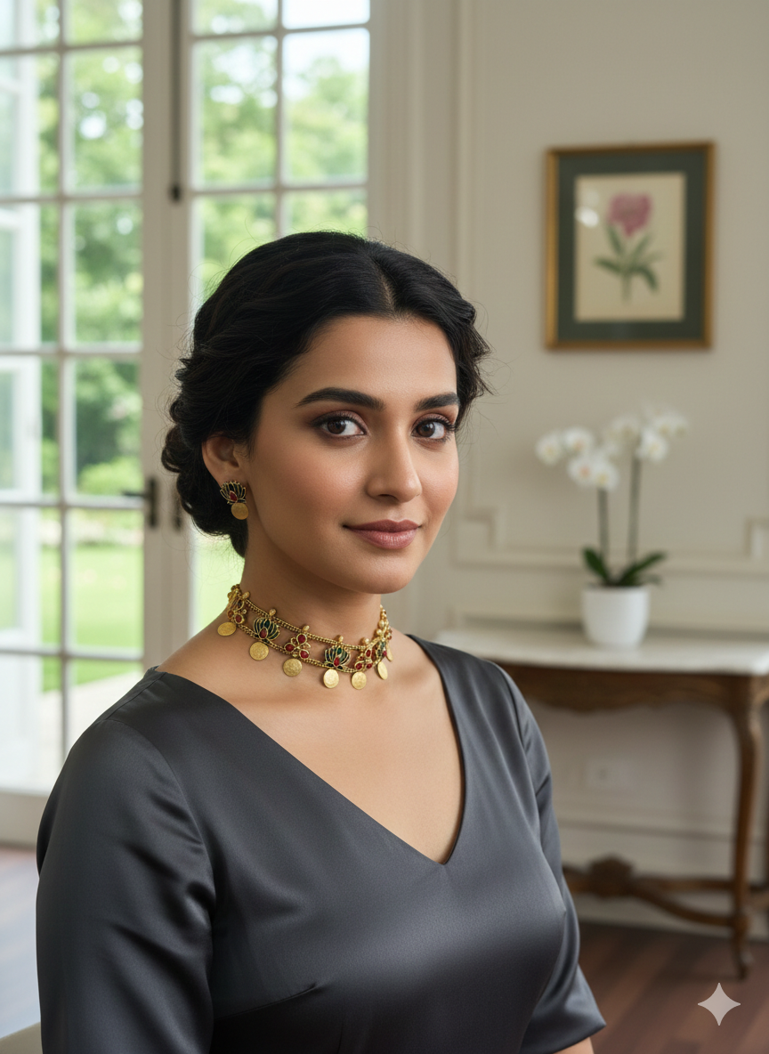 Vanika Lotus Coin Matt Finish Necklace Set - Image 4