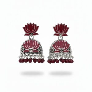 🌺 Crimson Lotus Silver Jhumka Earrings