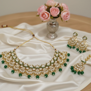 Emerald Royale Kundan Choker Set with Earrings & Maang Tikka
