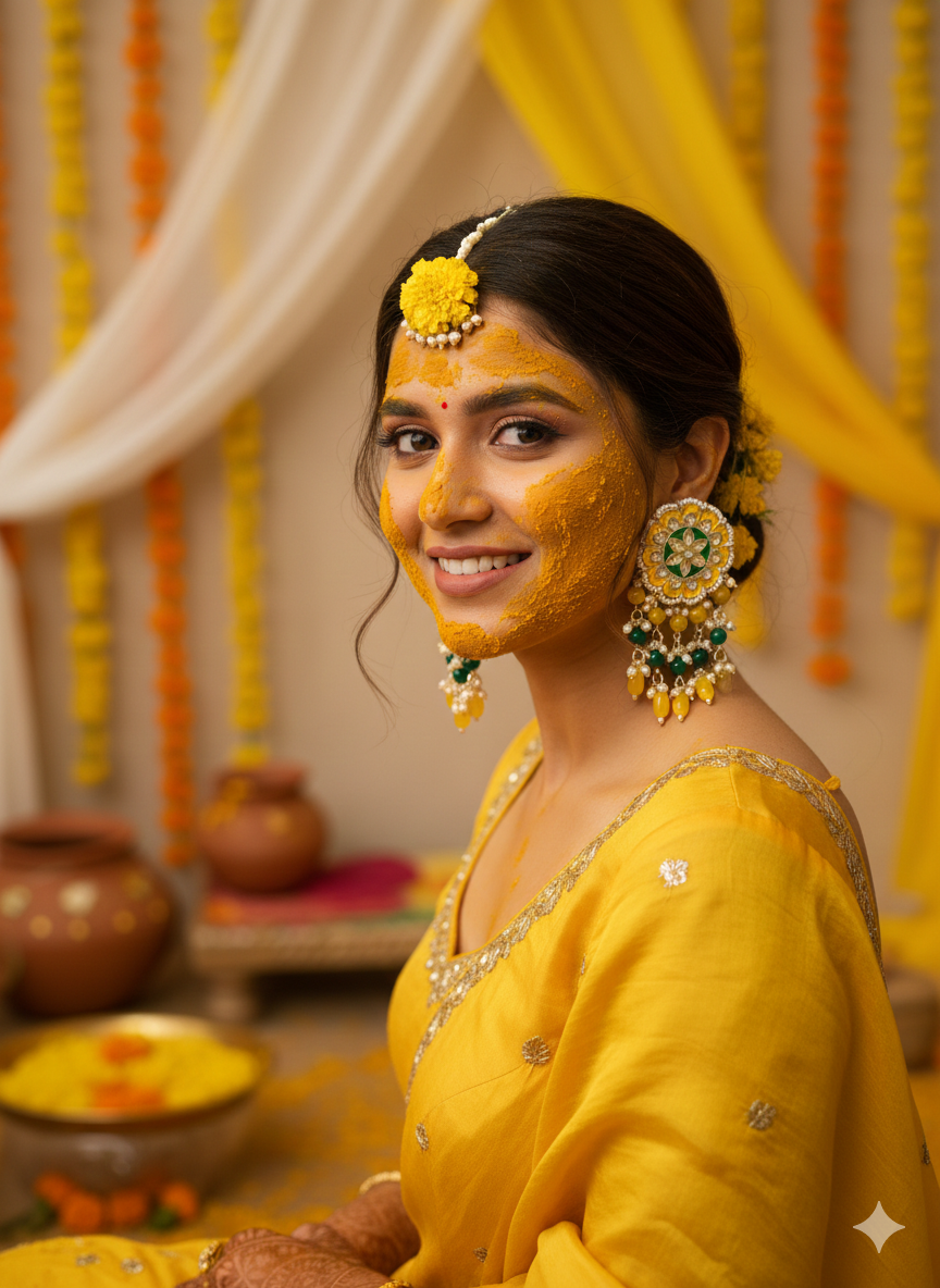 Handcrafted Brass Big Stud Floral Meenakari Yellow and green Earrings - Image 4