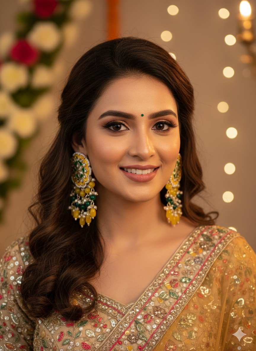 Handcrafted Brass Big Stud Floral Meenakari Yellow and green Earrings - Image 2