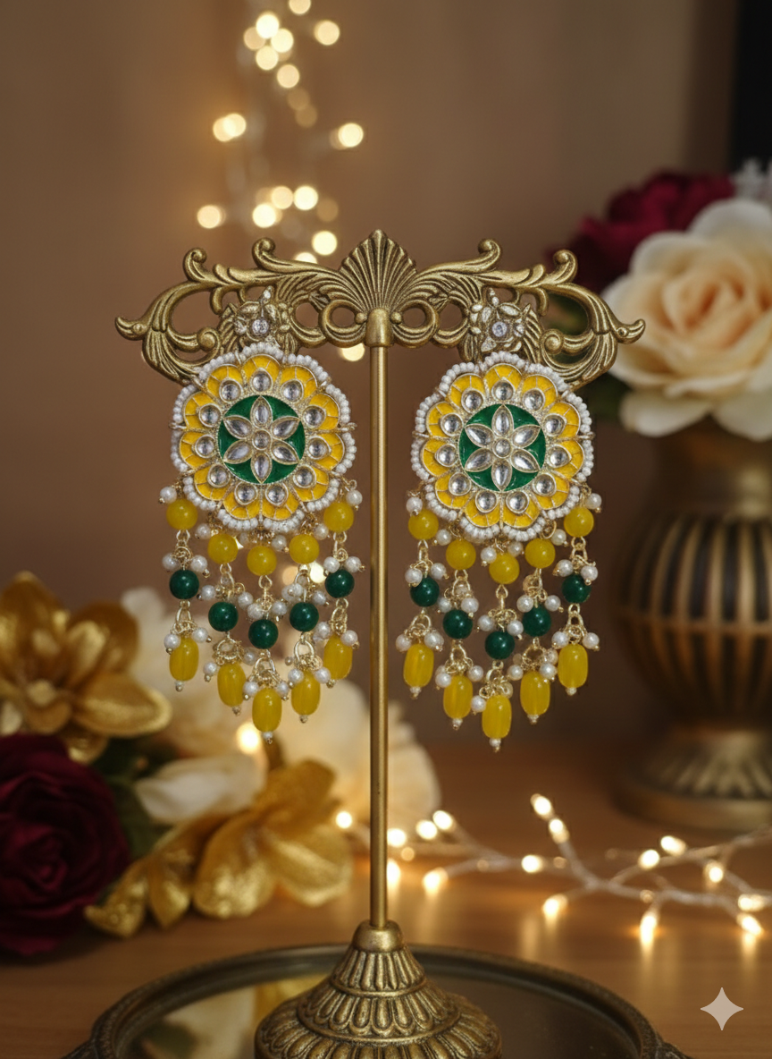 Handcrafted Brass Big Stud Floral Meenakari Yellow and green Earrings - Image 3