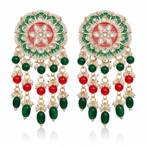 Royal Brass Big Stud Meenakari Floral Earrings with Pearl & Red-Green Bead Drops
