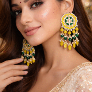 Handcrafted Brass Big Stud Floral Meenakari Yellow and green Earrings