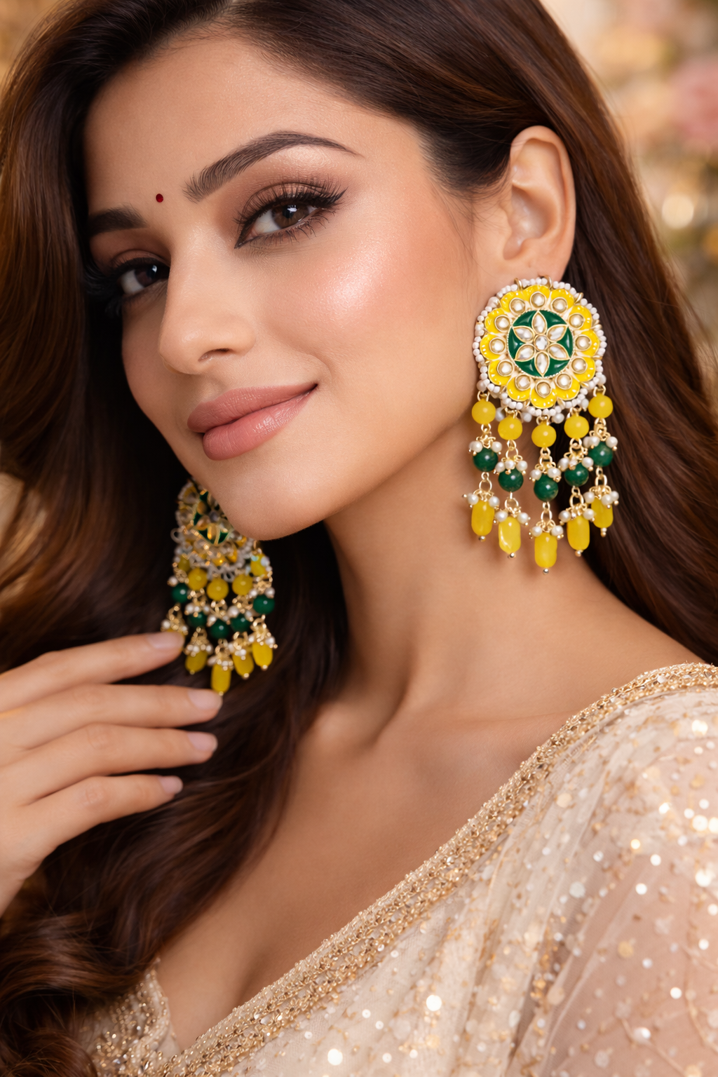 Handcrafted Brass Big Stud Floral Meenakari Yellow and green Earrings