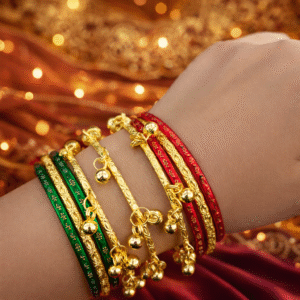 🌼 Royal Kashmiri Ghungroo Chudiya – Pair of 2 (Golden Traditional Bangles)