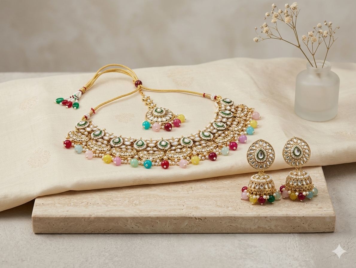 Multicolor Navratna Pearl Kundan Necklace Set - Image 2