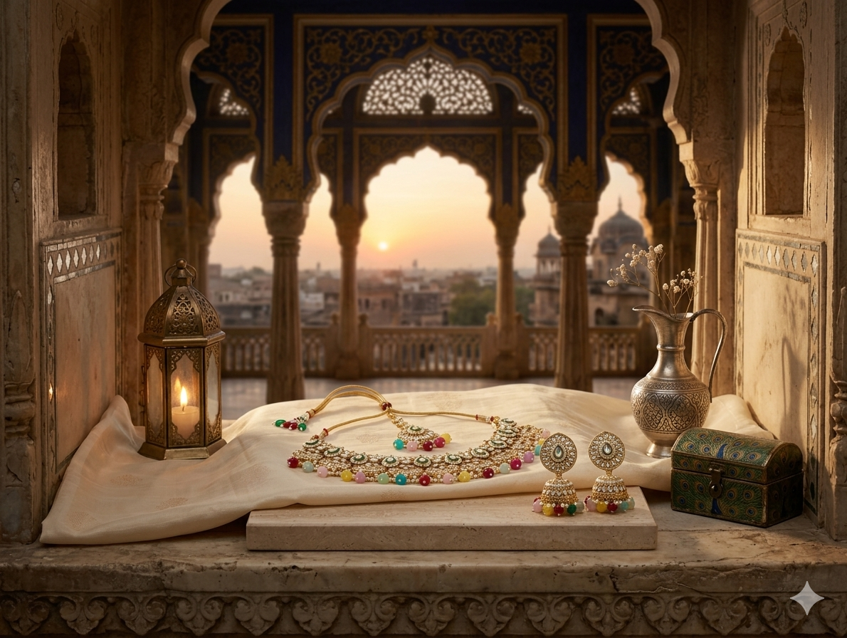 Multicolor Navratna Pearl Kundan Necklace Set - Image 5