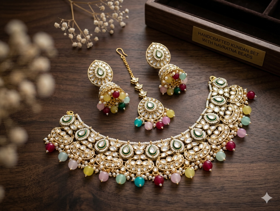 Multicolor Navratna Pearl Kundan Necklace Set