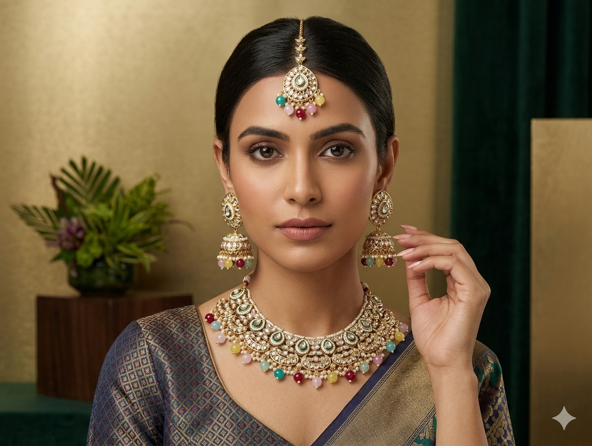 Multicolor Navratna Pearl Kundan Necklace Set - Image 4