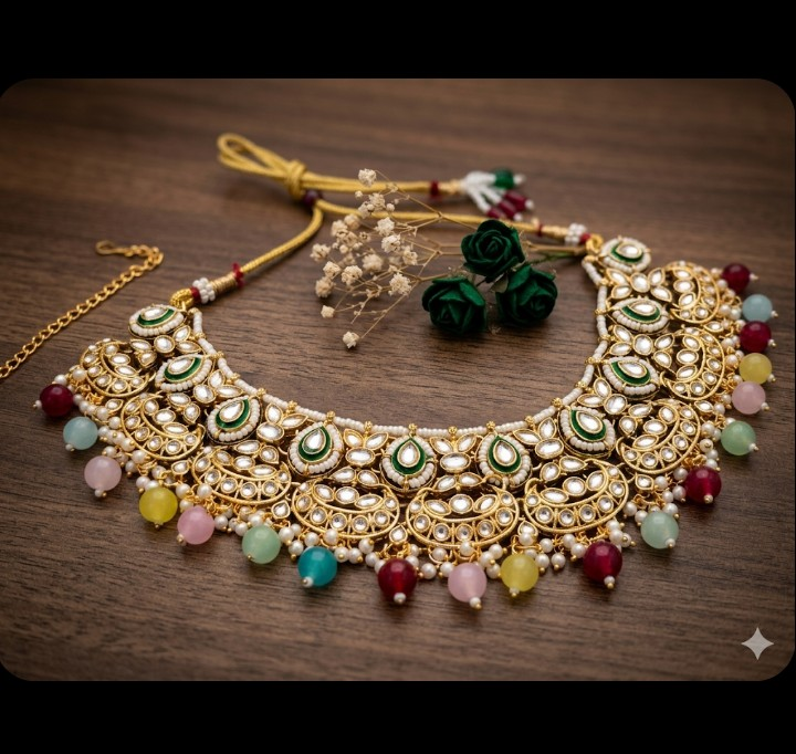Multicolor Navratna Pearl Kundan Necklace Set - Image 3